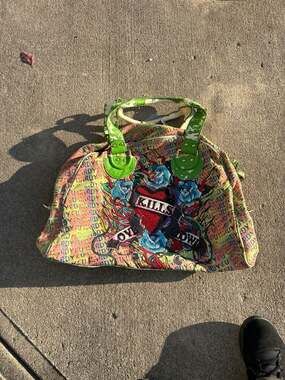 Vintage Ed Hardy Christian Audigier Love Kills Slowly Green Canvas Bowler Bag